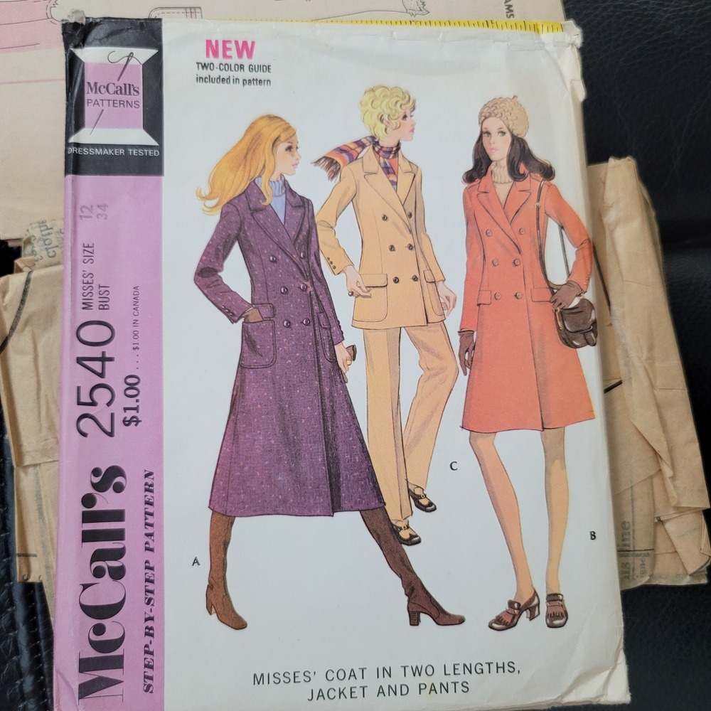 Vintage 1970 McCall's 2540 Sewing Pattern Coat Jacket Pants Uncut Size 12